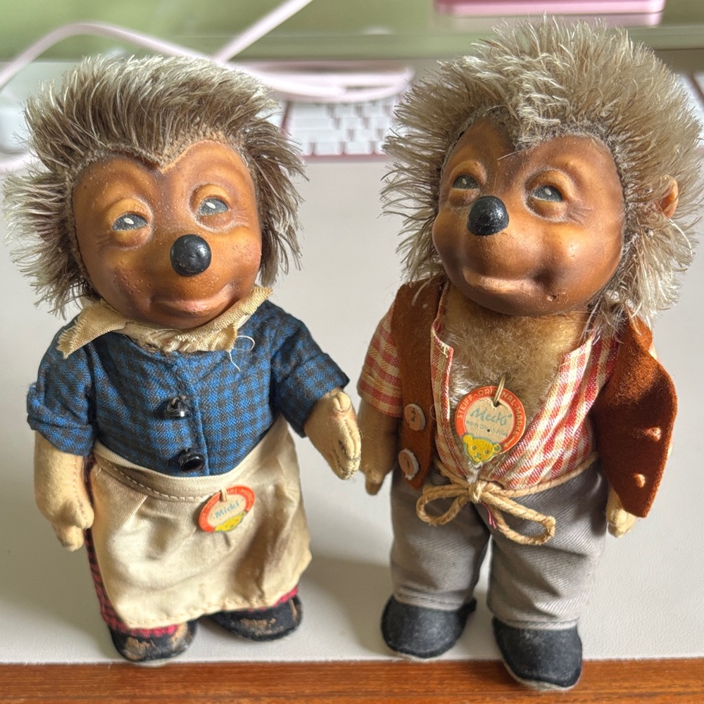 Steiff Vintage Hedgehog Figurines with Plaid Outfits